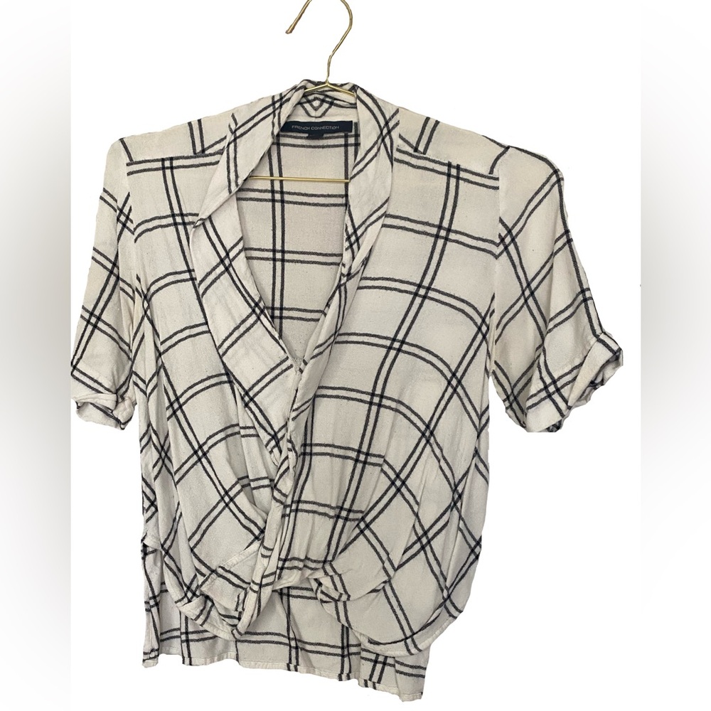 French Connection Black and White Plaid Twist Front Top